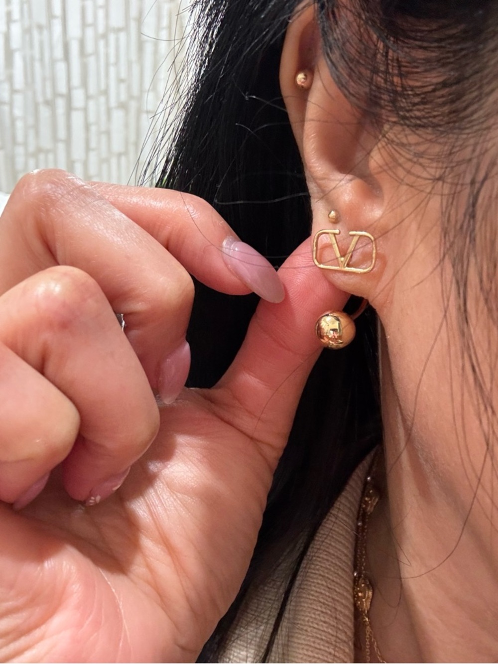 Gold Logo Stud and Ball Drop Earrings - Gold